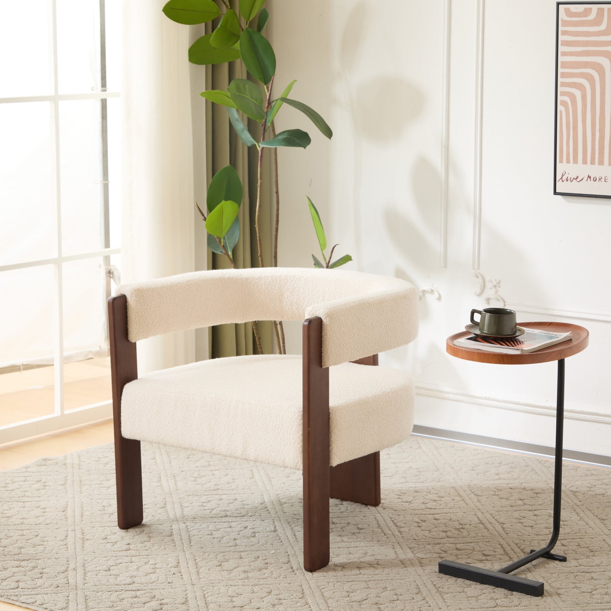 Eryndor Modern Upholstered Boucle Accent Arm Chair, Rubberwood, Beige + Walnut