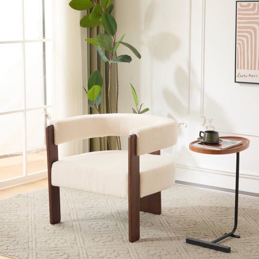 Eryndor Modern Upholstered Boucle Accent Arm Chair, Rubberwood, Beige + Walnut