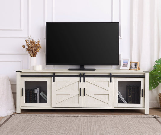 Farmhouse Modern Wood Entertainment Center for 75 Inch TV, Media TV Console with Sliding Barn Door and Storage Shelf for Living Room Bedroom，Wihte