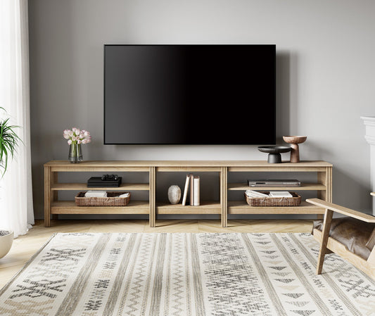 Fitueyes 94" Mid-Century Modern TV Stand for 85-100" TVs, Home Entertainment Center with Open Shelves for Living Room, Oak