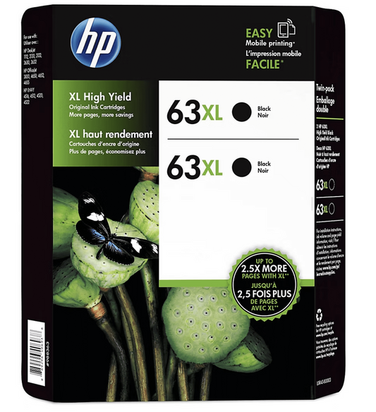 Genuine 63XL High Yield Black Twin Pack Cartridges for HP Printer