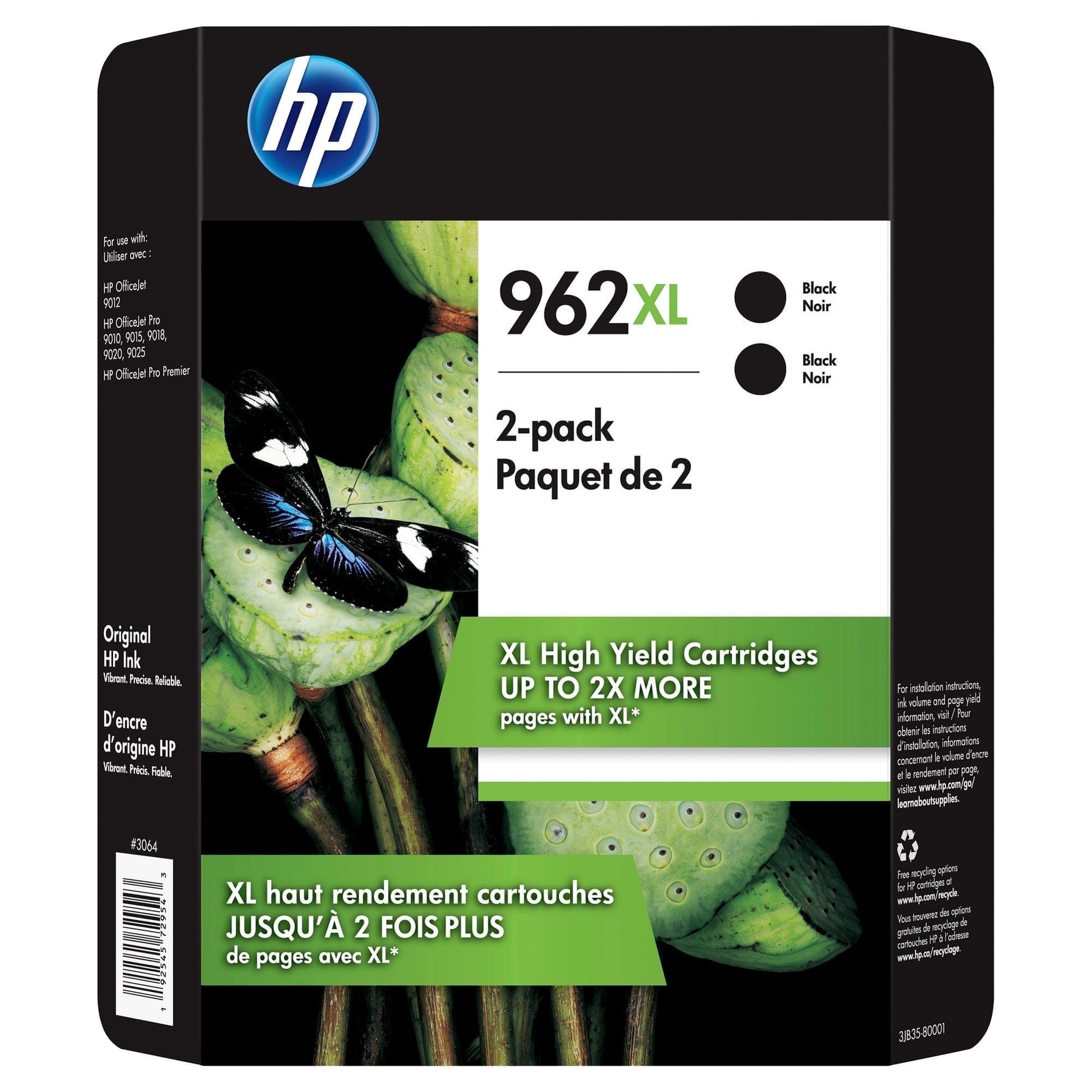HP 962XL High Yield Ink Cartridge,Black,2-count