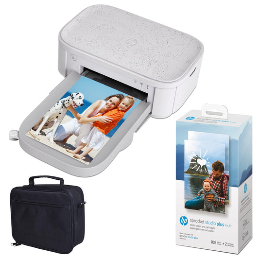 HP Sprocket Studio Plus 4x6" Instant Color Photo Printers, Bundle with Case & Photo Paper, White, New, 1 Pack