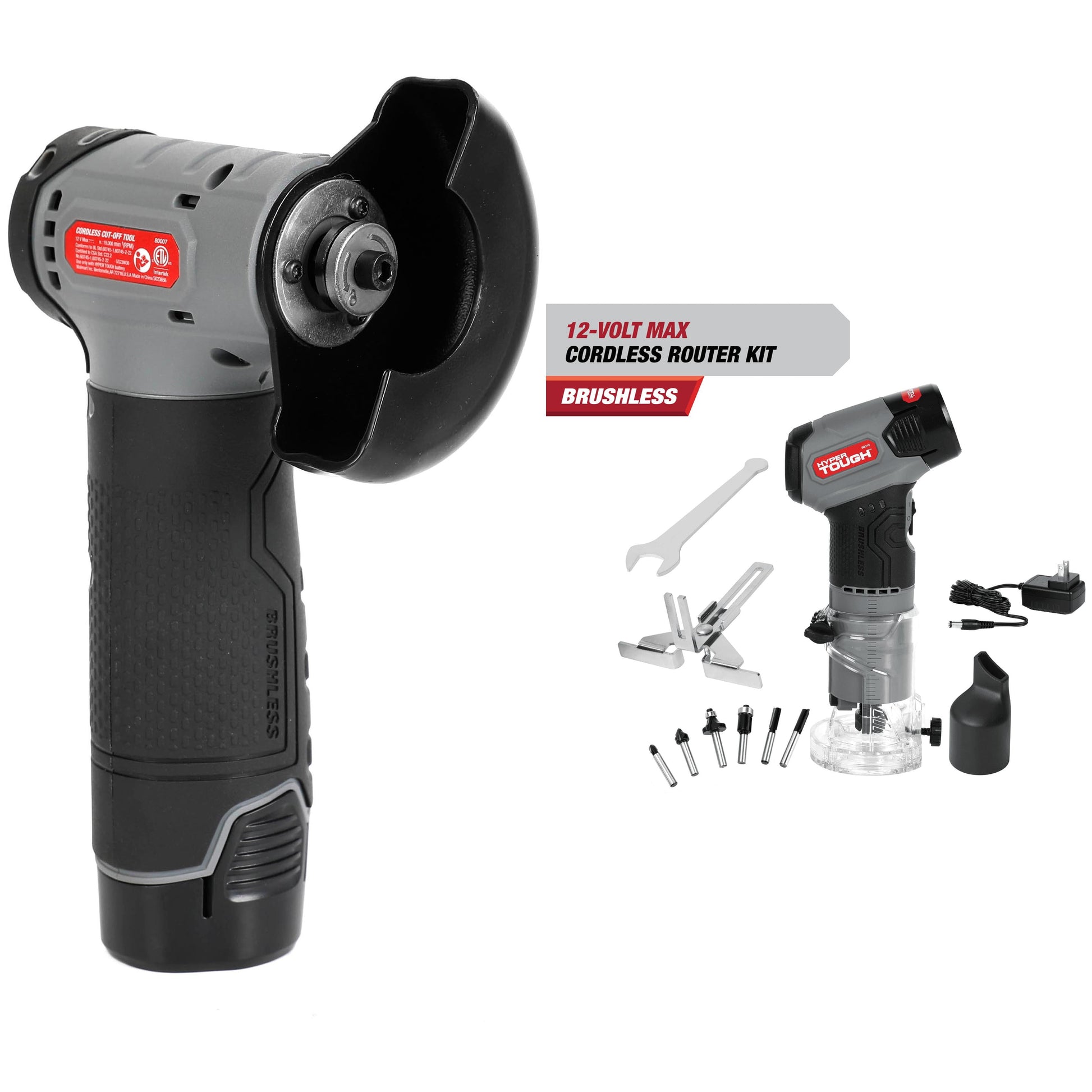 Hyper Tough 12V Max* Brushless Palm Edge Router with 1.5Ah Battery and Charger and Hyper Tough 12Volt 3-inch Disc Brushless Cut-off Tool, 1.5 AH Battery Bundle