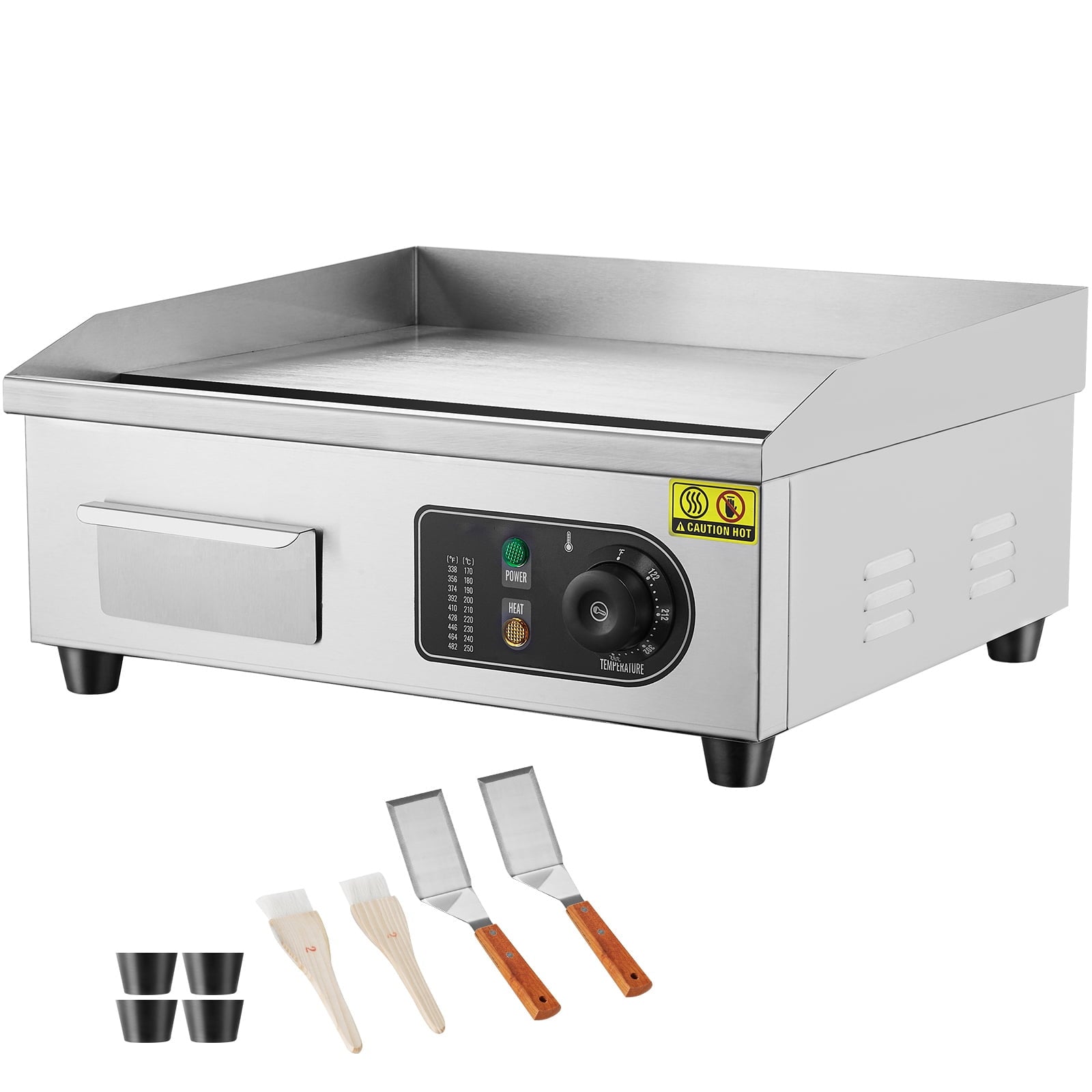 KFFKFF 18" Professional Electric Griddle, 1700W Tabletop Flat Top Grill, Temperature Control 122℉-572 ℉, Stainless Steel Griddle Grill, with 2 Shovels and 2 Brushes