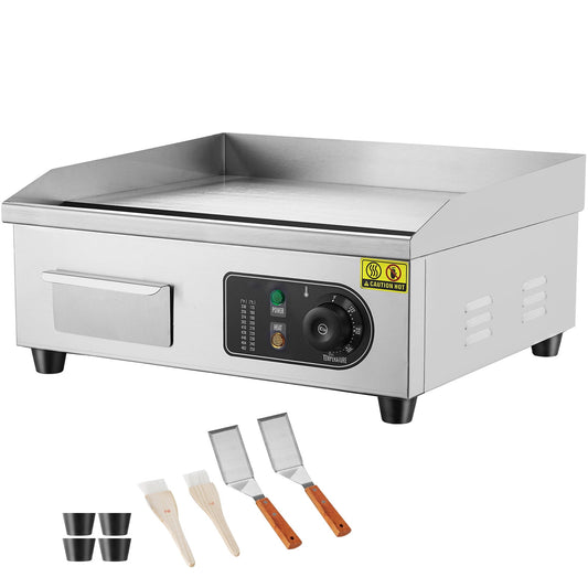 KFFKFF 18" Professional Electric Griddle, 1700W Tabletop Flat Top Grill, Temperature Control 122℉-572 ℉, Stainless Steel Griddle Grill, with 2 Shovels and 2 Brushes
