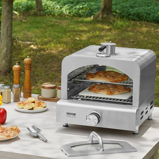 KFFKFF Gas Outdoor Pizza Oven, 13" Cooking Surface, Portable Gas Pizza Grill with Durable Cordierite Stone and Integrated Thermometer, 430 Stainless Steel Construction for Camping & Backyard Use