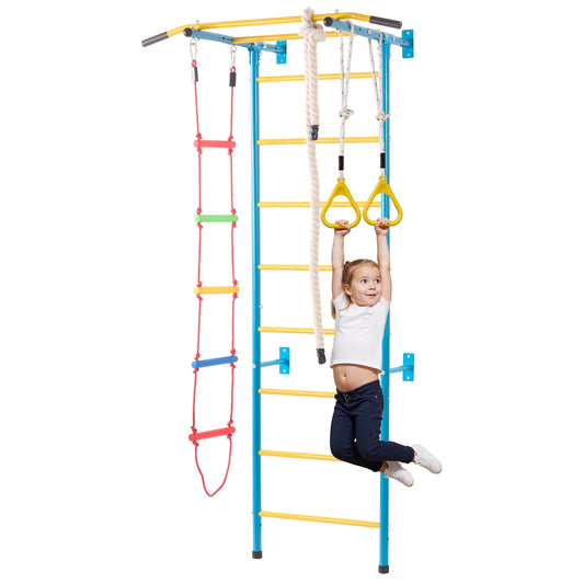 KFFKFF Wall Gym for Kids, 5-in-1 Carbon Steel Climbing Structure with Swedish Ladder, Wall Ladder, Chin-Up Bar, Rope Ladder, and Gymnastic Rings, Can Hold Up to 220 lbs