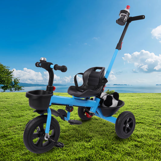 Kids Tricycle with Removable Push handle, 4 in 1 Convertible Kids Trike Balance Bike with Parent Push Handle, Cup Holder, Storage Boxes & Safety Belt