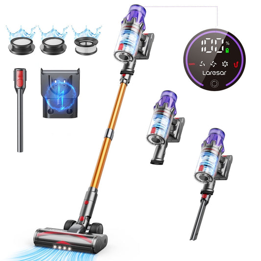 Laresar 500W Cordless Vacuum, 50kPa Power Suction, 60min Runtime, Self-Standing with Charging Station