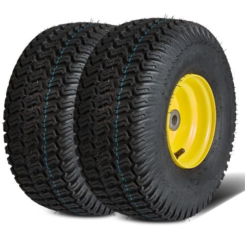 Lawn Mower Tires with Rim, 15x6-6" Tubeless Tractor Tires, 2-Pack Tire and Wheel Assembly, S-Turf Pneumatic Tires, 3" Offset Hub, 3/4" Bushing Size, 16 PCS Adapters for Riding Mower Lawn Tractor