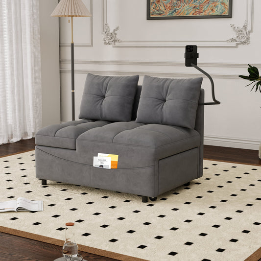 Leumius Folding Sofa Bed, 3 Lengths Available, Modern Sofa Velvet Pull-Out Bed, Loveseat with Adjustable Backrest, USB Port and Rotating Phone Holder, Grey.