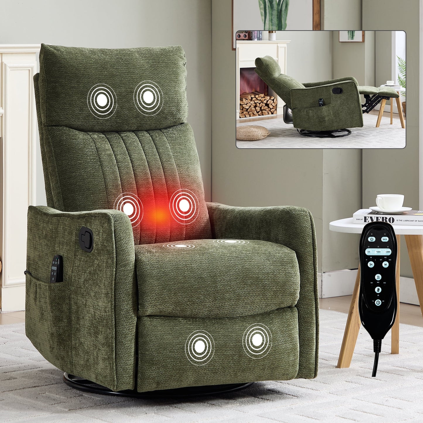 Leumius Manual Swivel Rocker Recliner Chair for Adults,Overstuffed Reclining Glider Chair with Vibration Massage & Heat,Upholstered Recliners with Side Pockets for Living Room,Blue Chenille