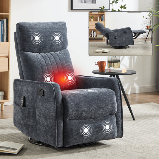 Leumius Manual Swivel Rocker Recliner Chair for Adults,Overstuffed Reclining Glider Chair with Vibration Massage & Heat,Upholstered Recliners with Side Pockets for Living Room,Blue Chenille