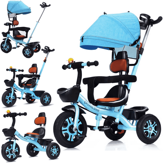 EOTVIA Kids Tricycle, 4-in-1 Toddler Tricycle with Push Handle and Removable Canopy, Tricycles for Toddlers Kids 1-4 Years Old Boys Girls Birthday Xmas Gift with Bottle Cage/Adjustable Pedal/Baskets