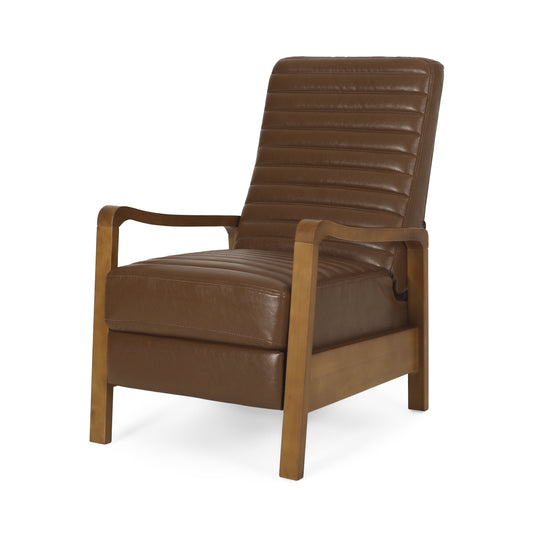 Noble House Judith Upholstered Channel Stitch Pushback Recliner, Cognac Brown and Teak