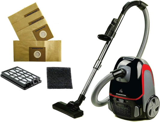 OVENTE Electric Bagged Lightweight Canister Vacuum Cleaner with 3 Cleaning Tools for Hard Floor Carpet, Easy Clean & Storage, Bonus of Pack of 4 Dust Bags and 1 Filter, Black ST1600B + ACPST16041