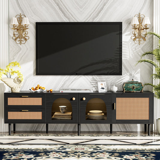 PORKISS TV Stand for 80 Inch TV, Modern TV Cabinet with Glass Doors and 2 Storage Drawers, Wood Top, Media Console Table Entertainment Center for Living Room, Black