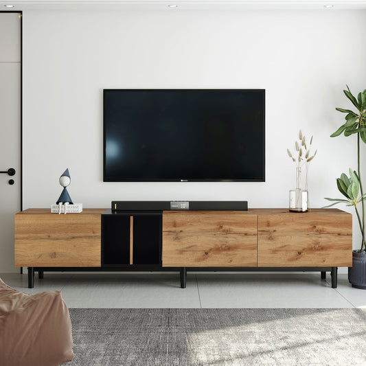 PORKISS TV Stand for 80 Inch TV, Modern Farmhouse TV Stand with 3 Cabinets and 2 Open Shelves, Home Entertainment Center, Natural Wood