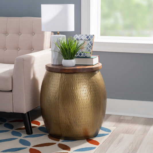 Powell Wesmar Metal Indoor Drum Accent Table with Storage, 20.5" Tall, Brass