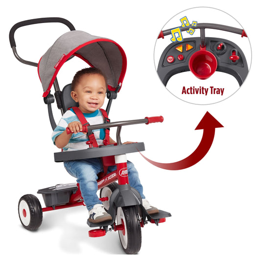 Radio Flyer, 4-in-1 Stroll 'N Trike with Activity Tray, Red & Gray, Tricycle for Boys and Girls