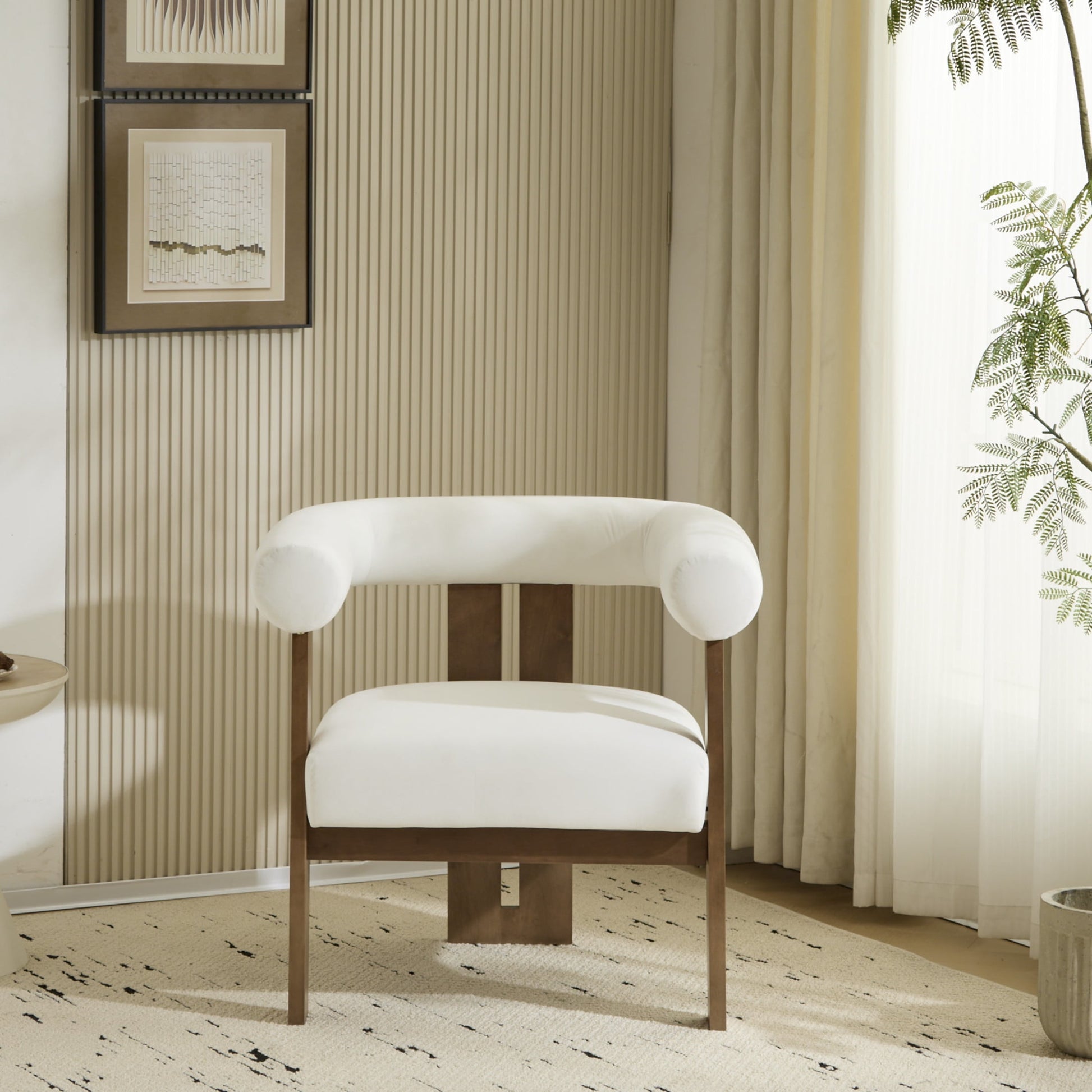 Ralis Modern Upholstered Velvet Accent Arm Chair, Wood, Beige + Walnut