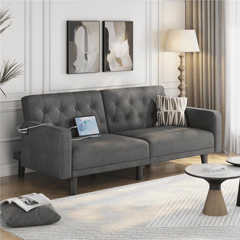 Renwick 63in Convertible Futon Sofa Bed with USB Ports for Living Room, Dark Gray