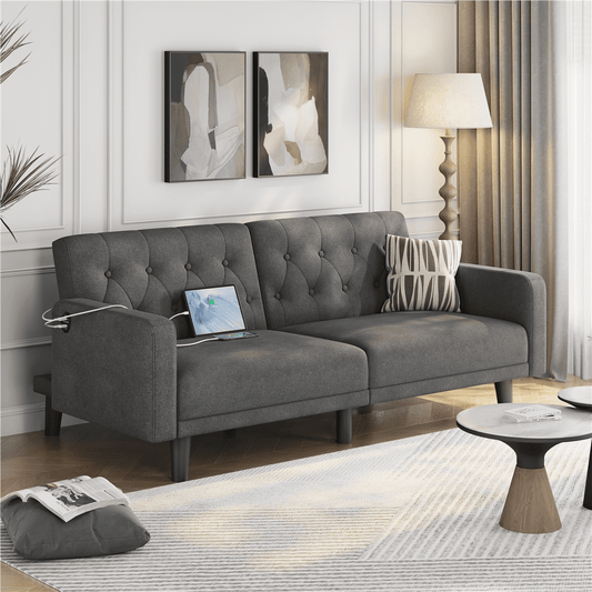 Renwick 63in Convertible Futon Sofa Bed with USB Ports for Living Room, Dark Gray