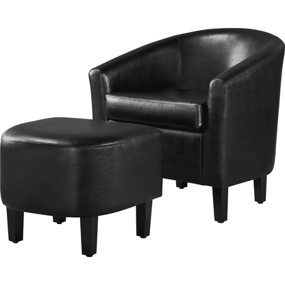 Renwick Barrel Accent Chair with Ottoman, Brown Faux Leather