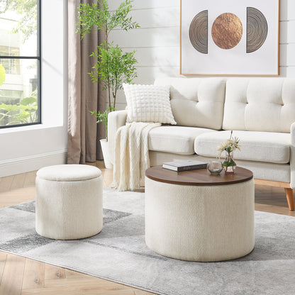 Round Ottoman with Storage Set of 2,Chenille Storage Ottoman with Small Stool for Living Room,Bedroom,Dark Green