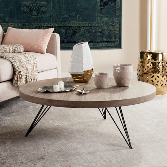 SAFAVIEH Mansel Retro Mid-Century Round Coffee Table, Light Oak/Black