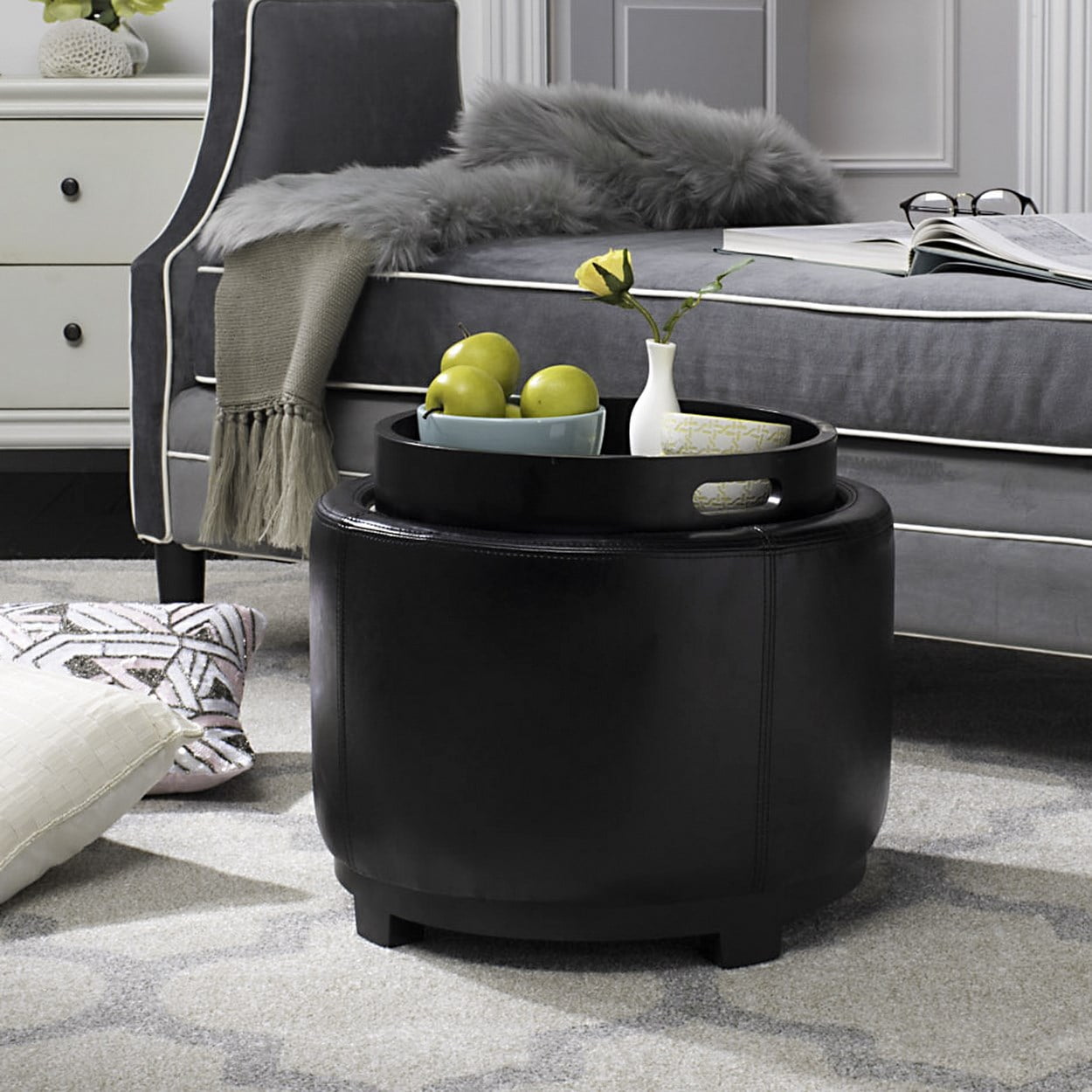Safavieh Round Upholstered Storage Ottoman, Off-White