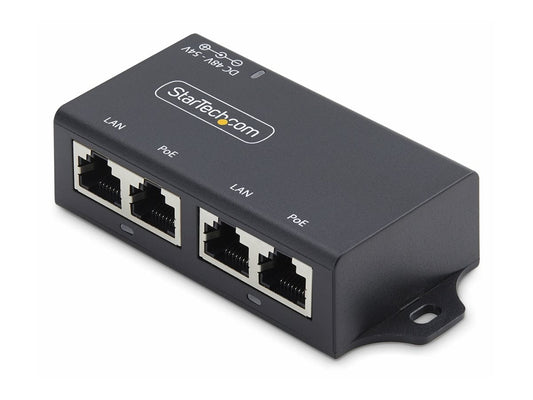 StarTech.com 2-Port Gigabit PoE+ Injector, PoE/PoE+ (802.3af/802.3at) 30W - PoE injector - unmanaged inline - DC 48 - 52 V - 30 Watt - output connectors: 2 - black