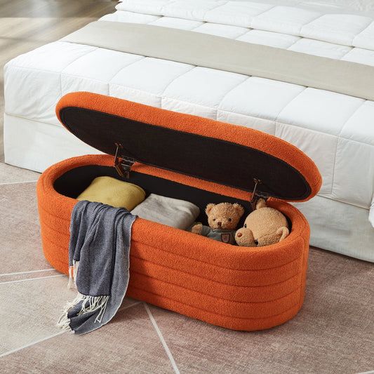Storage Ottoman Bench End of Bed for Bedroom,43 inch Teddy Boucle Upholstered Entryway Shoe Seat Bench w/Storage,Sherpa Modern Cute Stool Foot Rest for Living Room,Window Seating,Orange