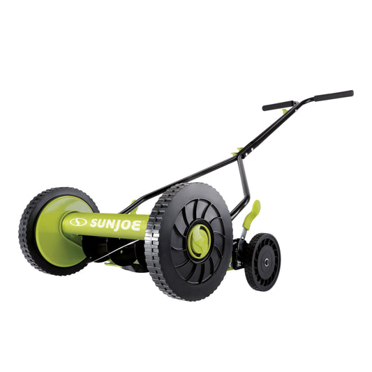 Sun Joe Cordless, Manual Push Reel Lawn Mower, Green – Grass Trimmer, 14 Inch Quad Wheels, Steel Design, and 9 Adjustable Positions, MJ503M