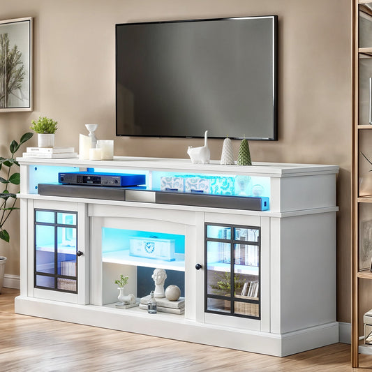 Uforic Farmhouse LED TV Stand for TV up to 70" with Glass Door, Wood TV Media Console for Living Room, White