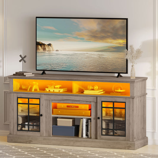 Uforic Modern Entertainment Center with LED Light, TV Stand TV Media Console Table for 75 Inch TV, Pine Grey