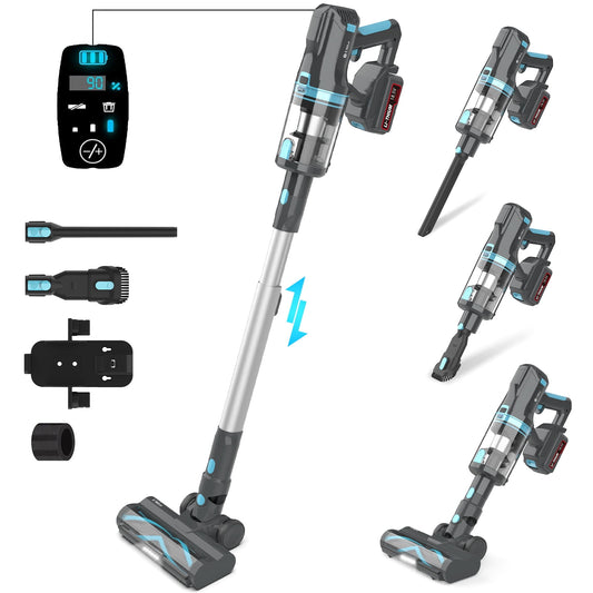 V11 Cordless Vacuum Cleaner, Stick Vacuum with 300W 30Kpa Powerful Suction, 4000mAh Rechargeable Battery Vacuum, Up to 60min Runtime, 6 in 1 LED Lightweight Vacuum for Pet Hair Carpet Hard Floor Grey