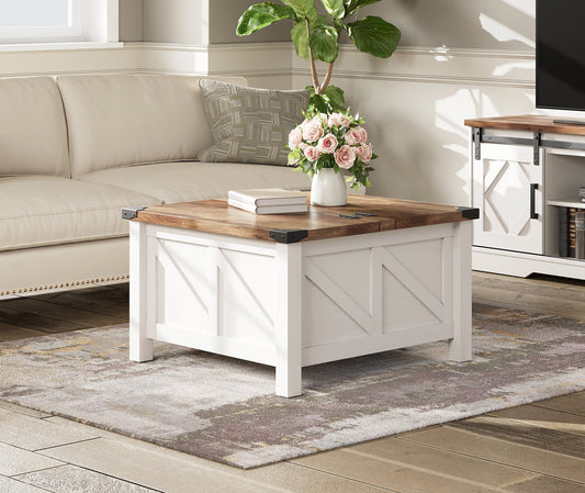 WAMPAT Farmhouse Square Coffee Table with Storage for Living Room,30 inch Z-shaped Wooden Strips Center Table with Flip-Top for Large Hidden Storage, Metal Wrapped Table Corners,Cream White