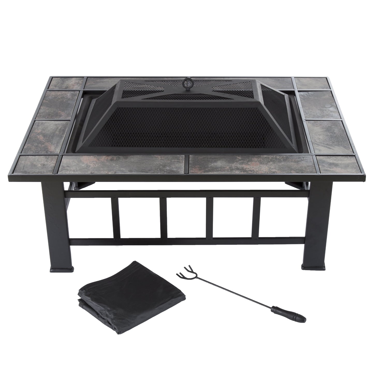 Pure Garden 37-Inch Outdoor Fire Pit with Screen, Cover, and Poker (Black)