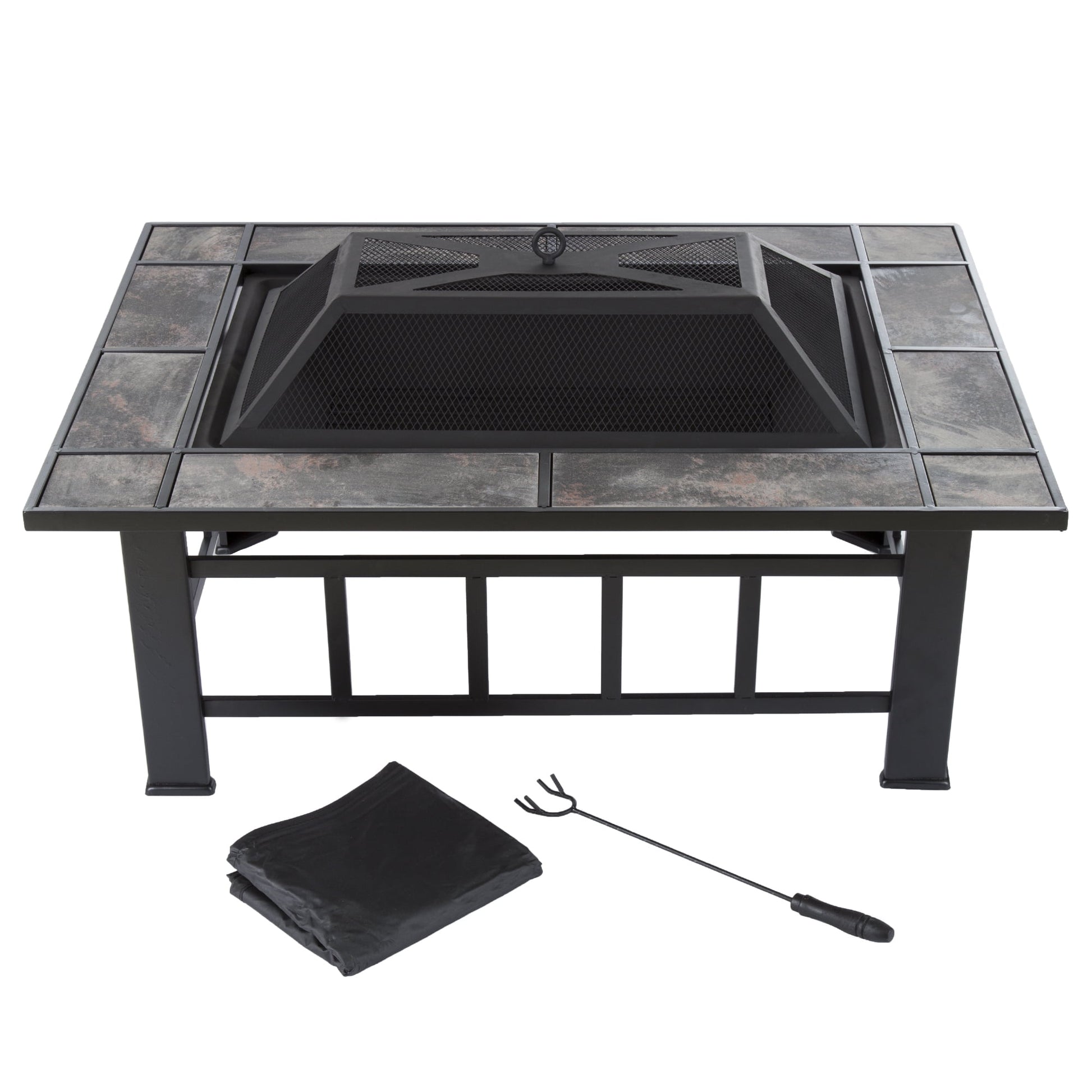 Pure Garden 37-Inch Outdoor Fire Pit with Screen, Cover, and Poker (Black)