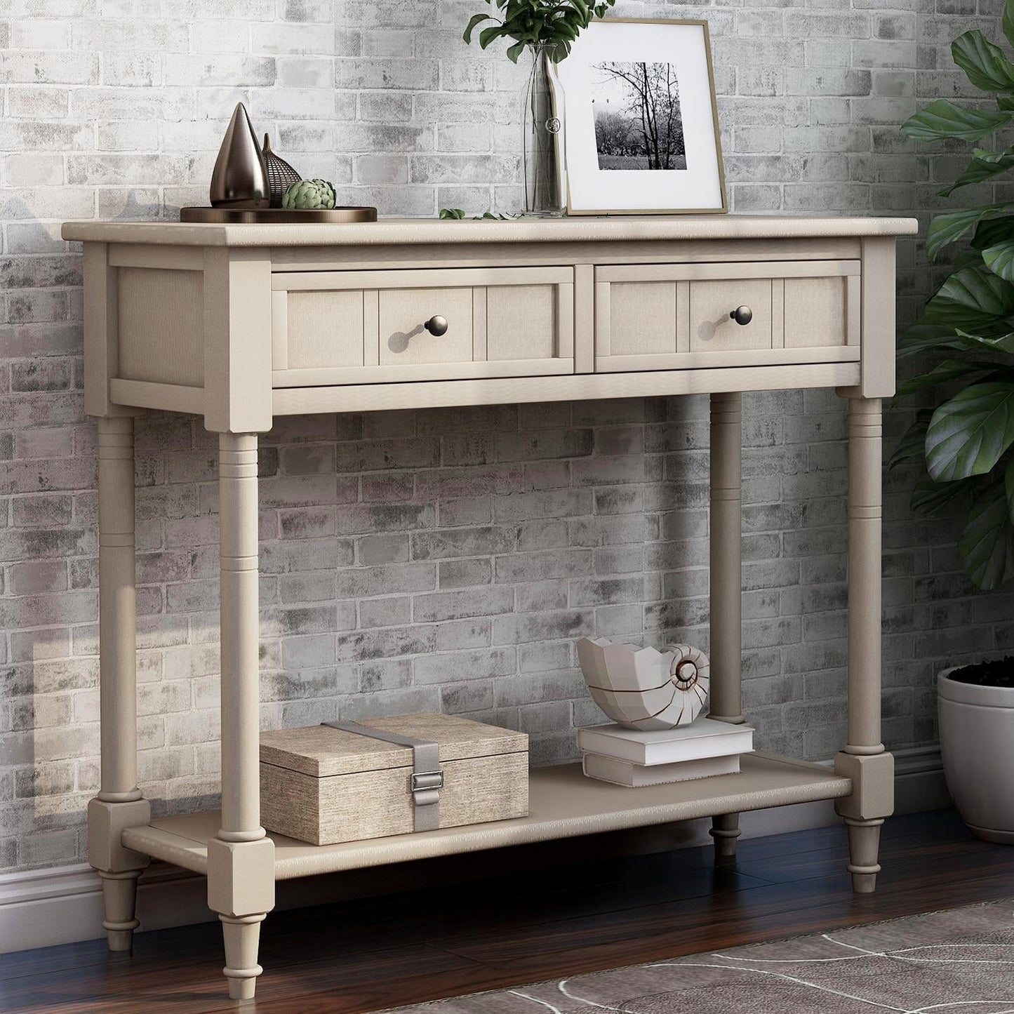 Wooden Console Table with 2 Drawers and Storage Shelf, Sofa Table Entryway Table Side Desk TV Stand for Living Room Hallway,Ivory White