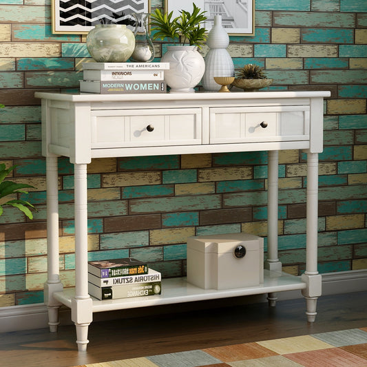 Wooden Console Table with 2 Drawers and Storage Shelf, Sofa Table Entryway Table Side Desk TV Stand for Living Room Hallway,Ivory White