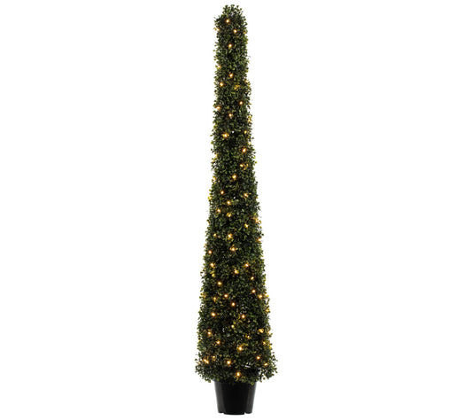 Vickerman 5' Potted Artificial Boxwood Cone with Warm White Lt