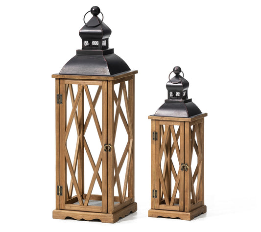 Glitzhome S/2 E xtraTall Diamon d Wood & Metal Antiqued Lanter