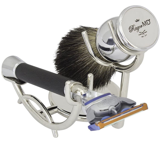 RAZOR MD iGRIP Black Shave Set Razor, Brush, Stand-5 Blade